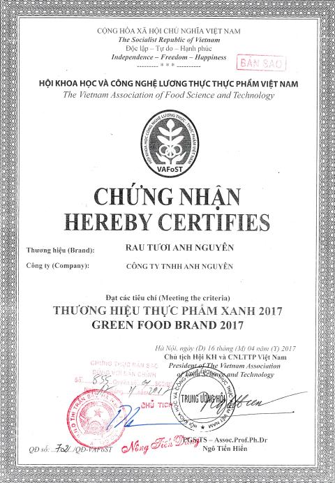 Giấy chứng nhận thương hiệu thực phẩm xanh 2017