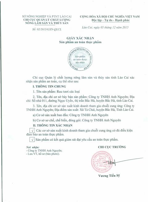 Giấy xác nhận sản phẩm an toàn