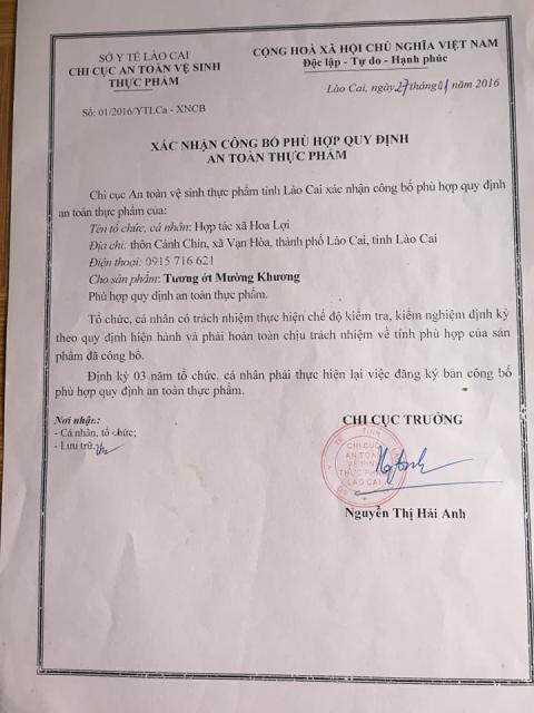 Giấy xác nhận hợp quy sản phẩm tương ớt mường khương