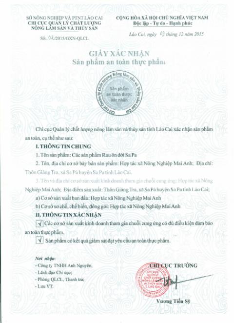 Giấy xác nhận sản phẩm an toàn theo chuỗi