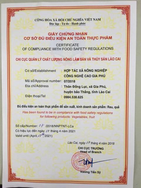 Giấy chứng nhận cơ sở đủ điều kiện an toàn thực phẩm