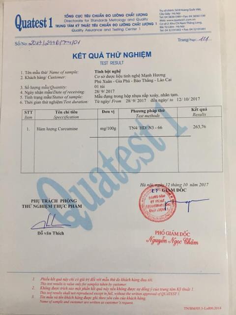 PHIẾU KẾT QUẢ PHÂN TÍCH CHẤT LƯỢNG SẢN PHẨM TINH BỘT NGHỆ