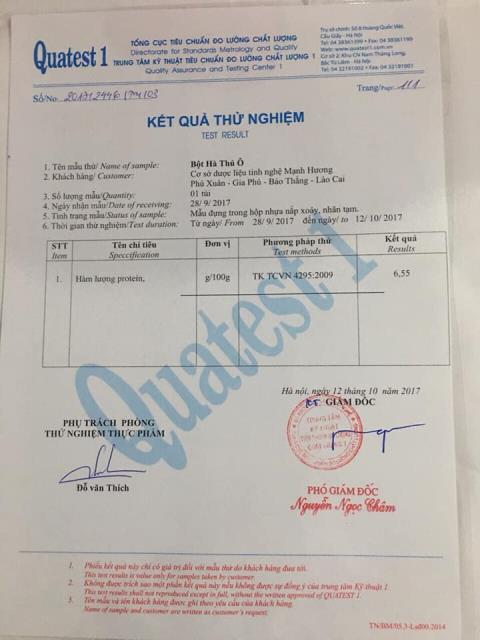 PHIẾU KẾT QUẢ PHÂN TÍCH CHẤT LƯỢNG SẢN PHẨM HÀ THỦ Ô
