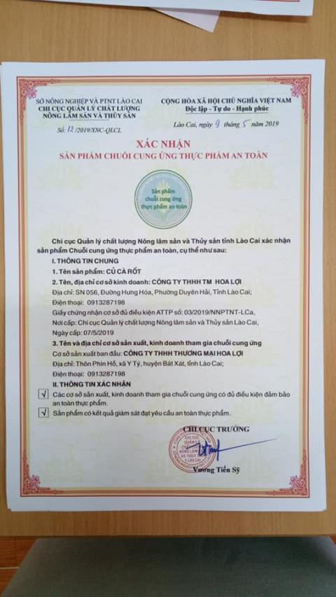 Giấy xác nhận chuỗi cung ứng sản phẩm cà rốt an toàn