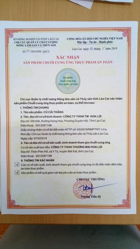 Giấy xác nhận chuỗi cung ứng sản phẩm củ cải trắng an toàn