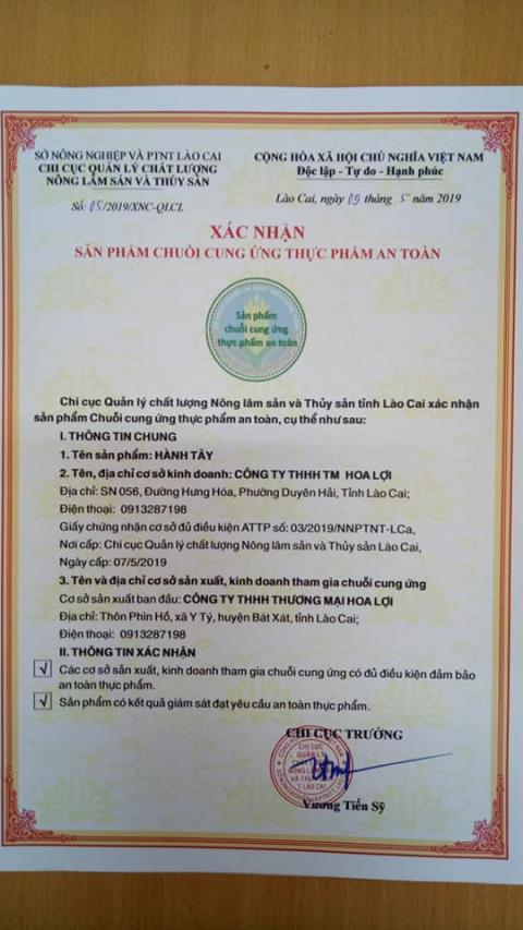 Giấy xác nhận chuỗi cung ứng sản phẩm hành tây an toàn