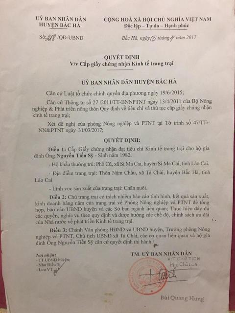 Quyết định cấp chứng nhận kinh tế trang trại