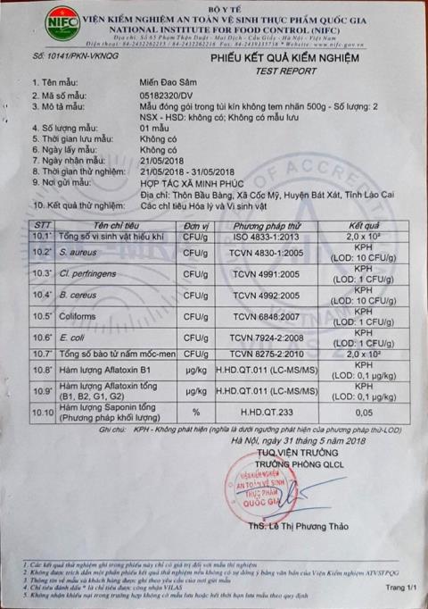 Phiếu kiểm nghiệm mẫu miến đao sâm