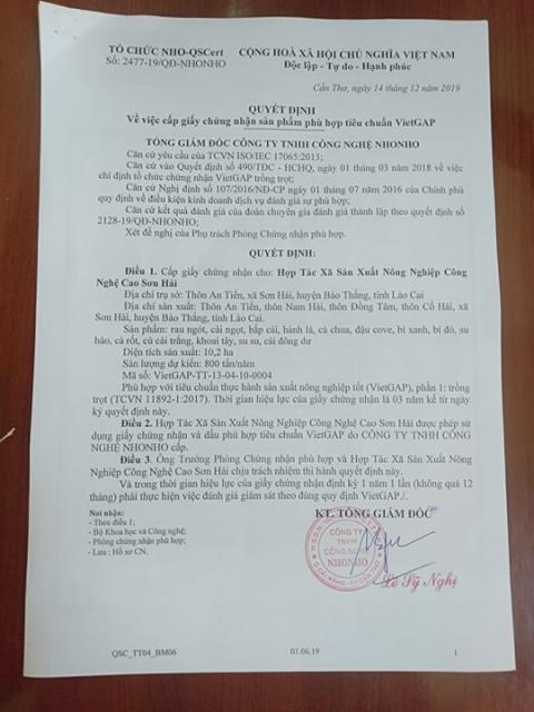 Quyết định về việc cấp giấy chứng nhận sản phẩm phù hợp theo tiêu chuẩn VietGAP