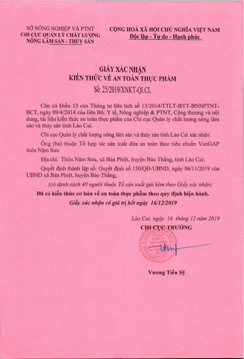 Giấy xác nhận kiến thức về an toàn thực phẩm