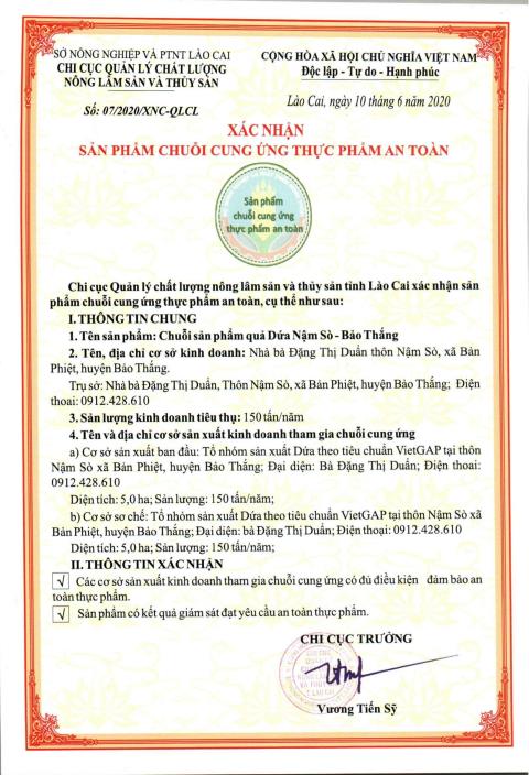 Giấy xác nhận chuỗi cung ứng thực phẩm an toàn