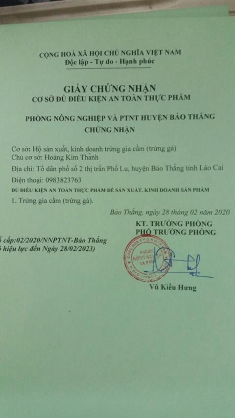 Giấy chứng nhận cơ sở đủ điều kiện an toàn thực phẩm
