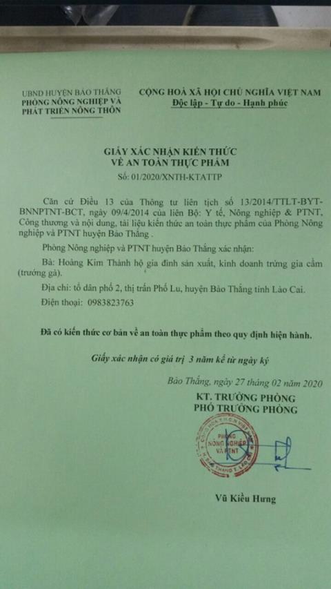 Giấy xác nhận kiến thức về an toàn thực phẩm
