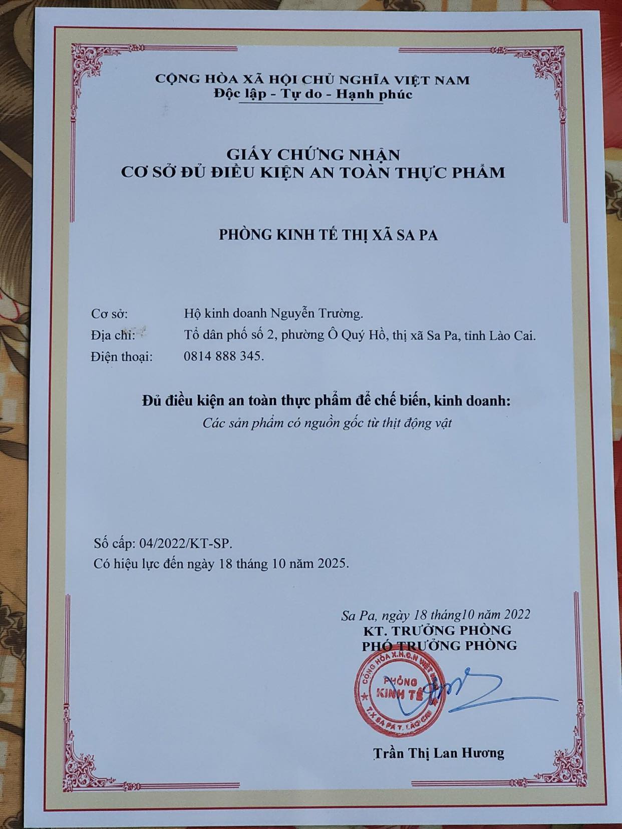 Giấy chứng nhận cơ sở đủ điều kiện an toàn thực phẩm