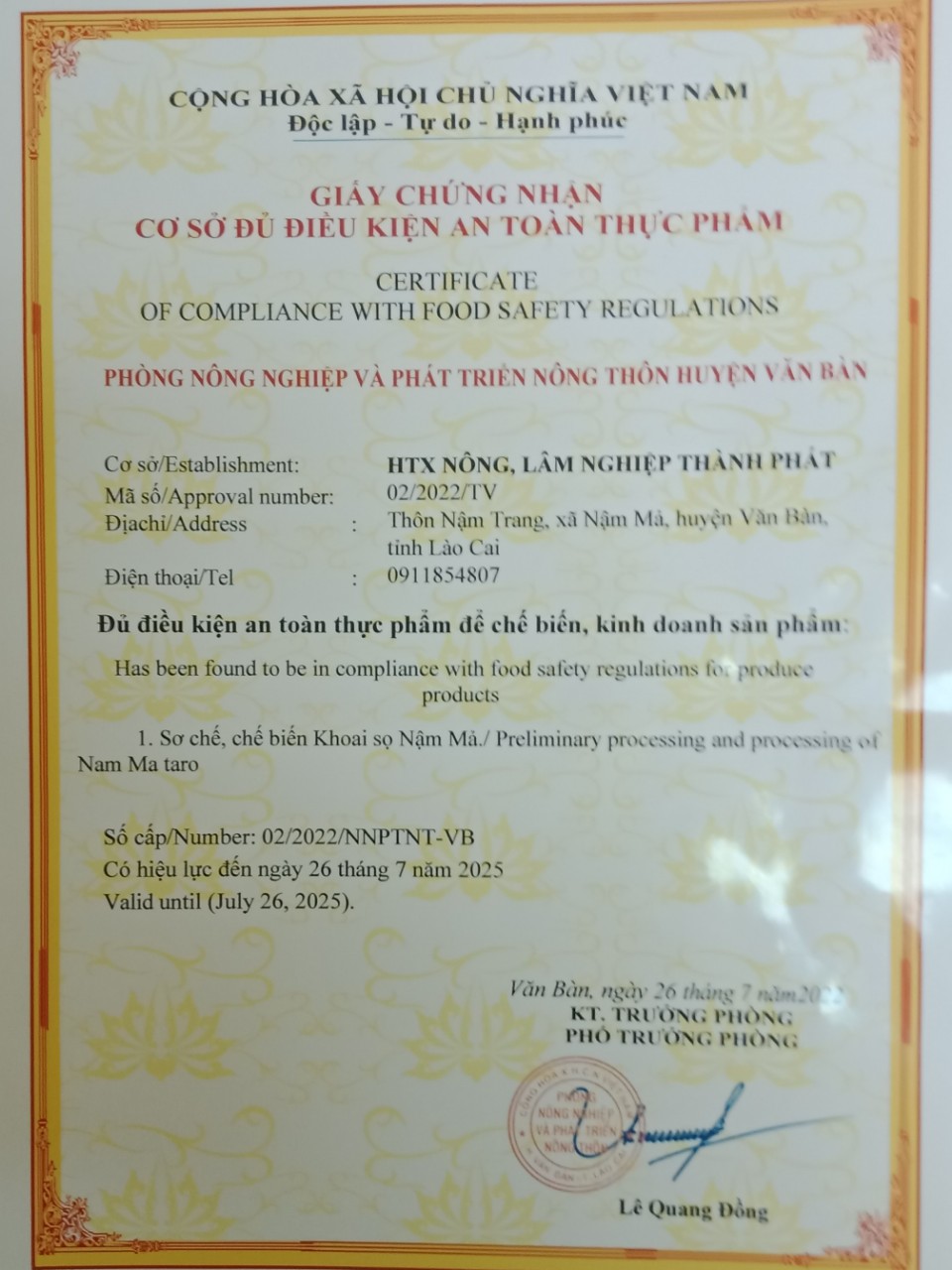 giấy chứng nhận ATTP