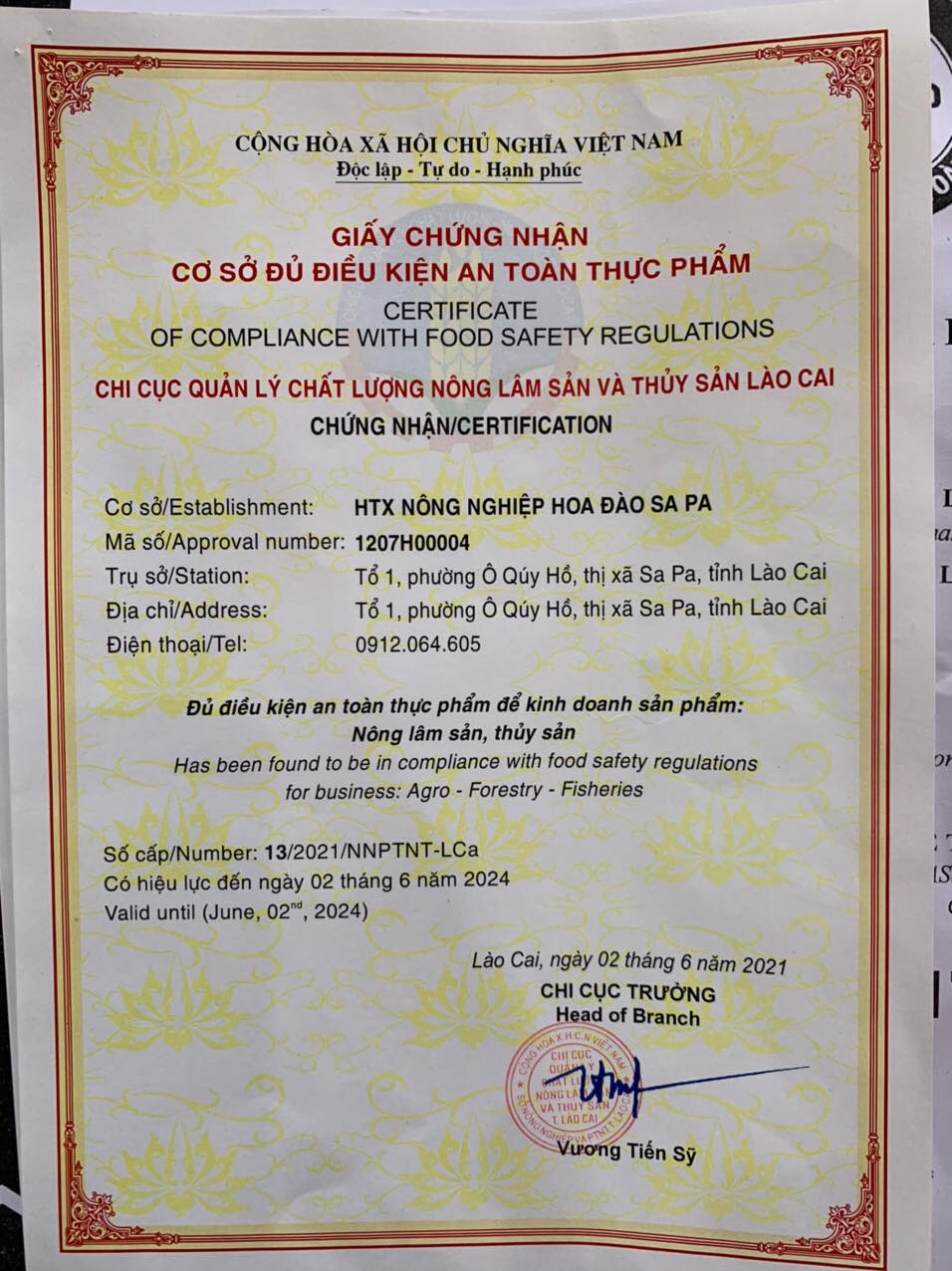 Giấy chứng nhận cơ sở đủ điều kiện an toàn thực phẩm