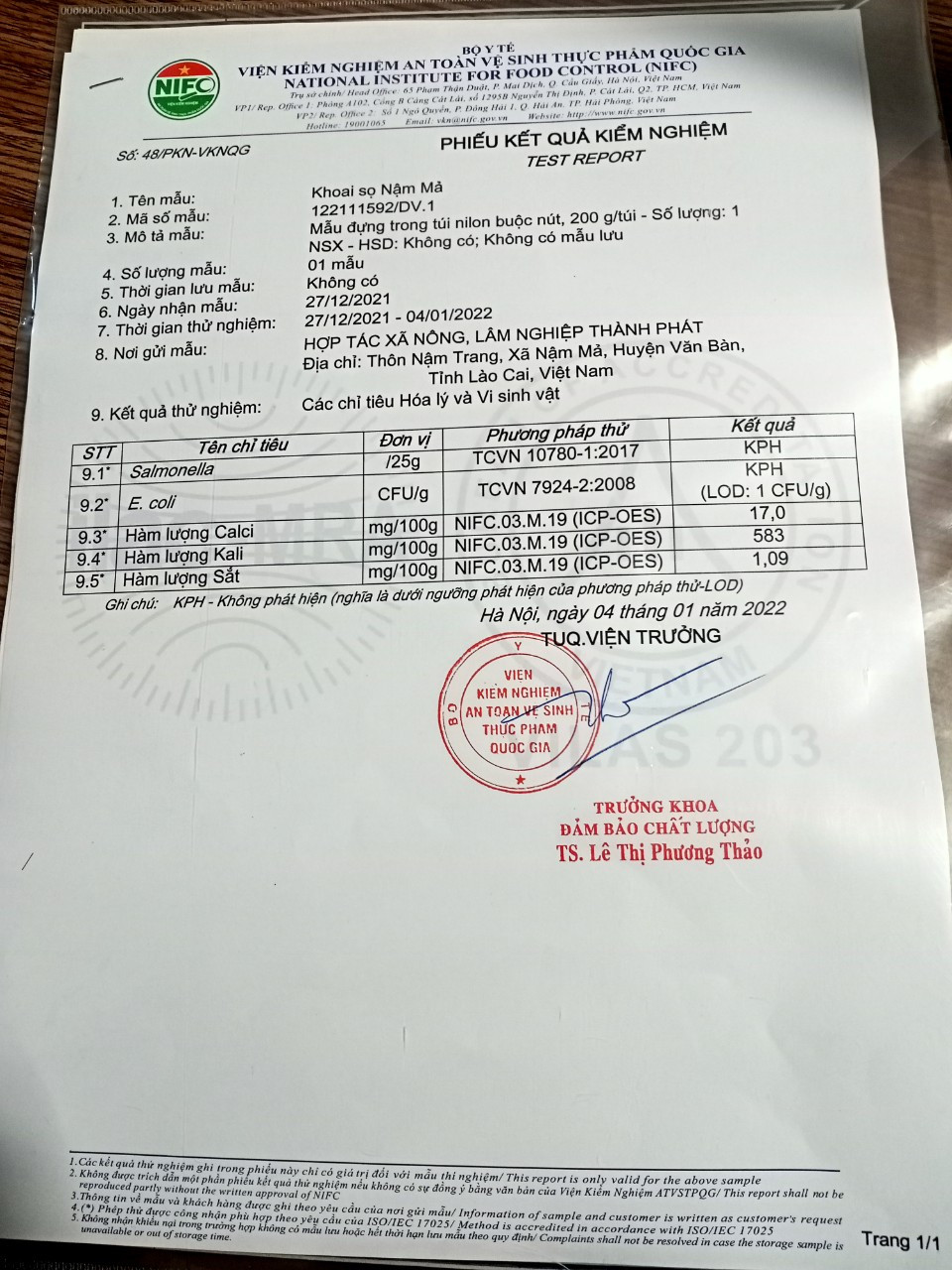 kết quả kiểm nghiệm khoai sọ