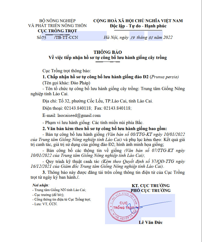 TB về việc tiếp nhận hồ sơ tự công bố lưu hành giống đào Đ2