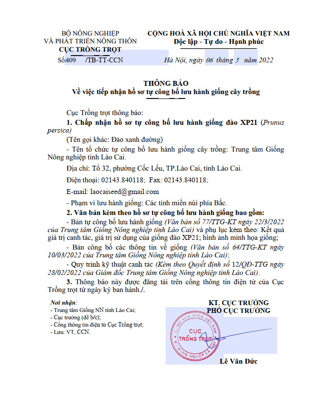 TB về việc tiếp nhận hồ sơ tự công bố lưu hành giống cây đào XP21