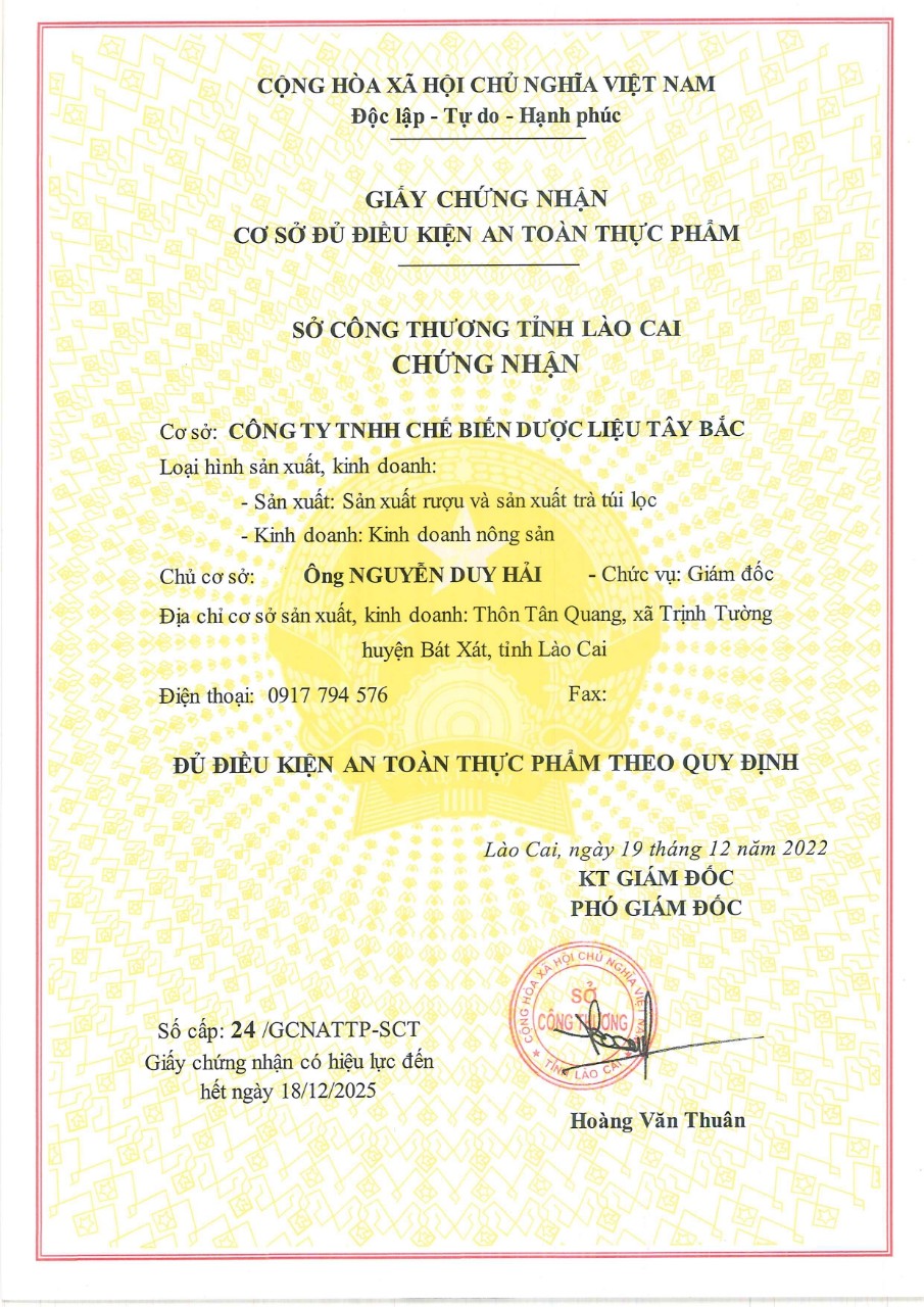 giấy chứng nhận cơ sở đủ điều kiện an toàn thực phẩm