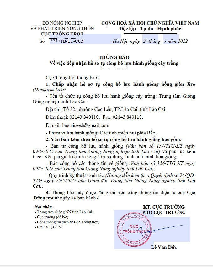 Thông báo về việc tiếp nhận hồ sơ tự công bố lưu hành giống hồng Jiro