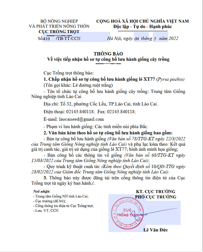 TB về việc tiếp nhận hồ sơ tự công bố lưu hành giống cây lê XT77
