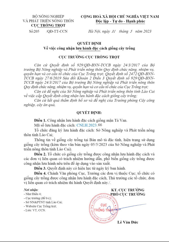 QĐ về việc lưu hành đặc cách giống mận Tả Van