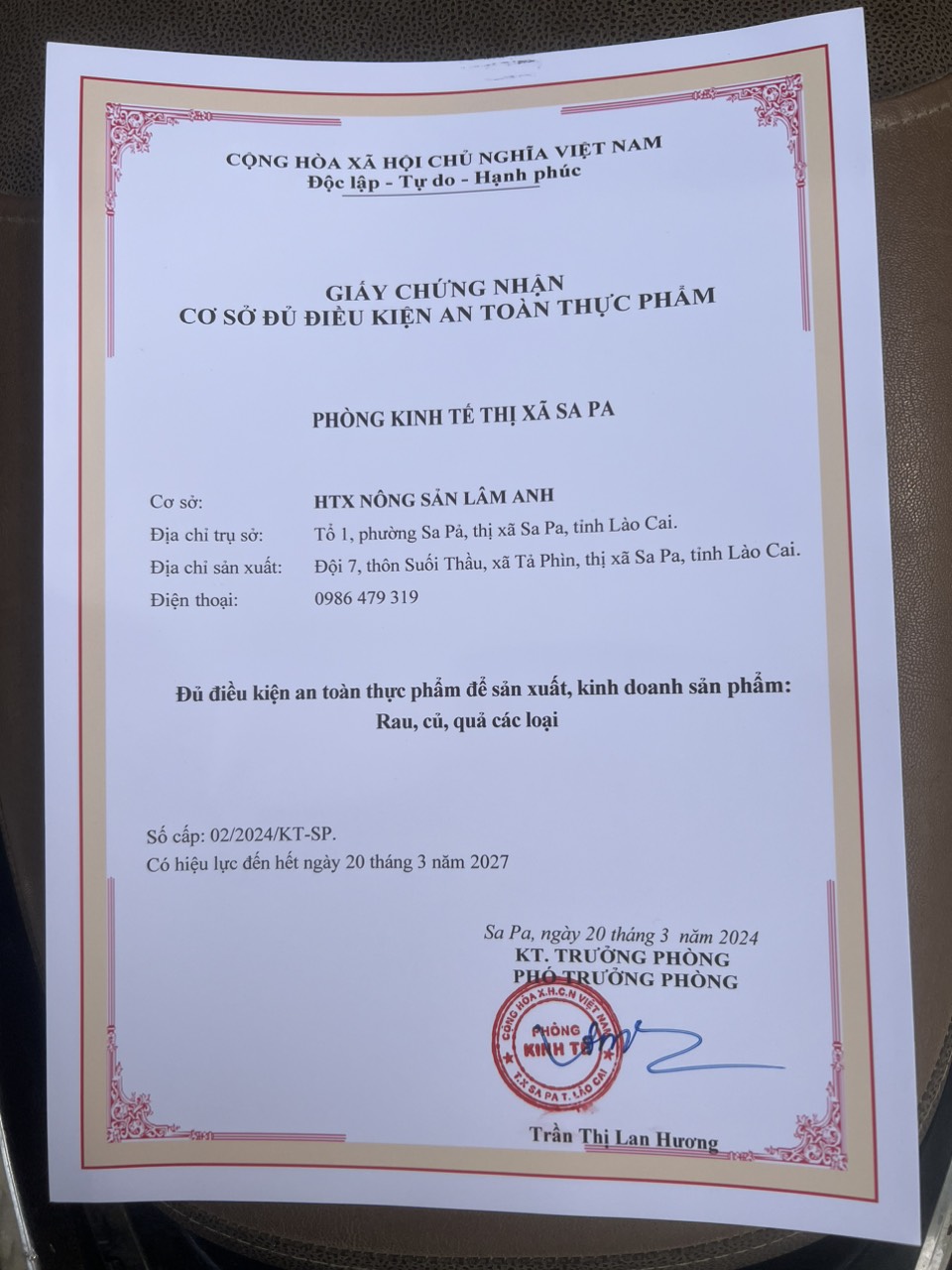 Giấy chứng nhận cơ sở đủ điều kiện an toàn thực phẩm