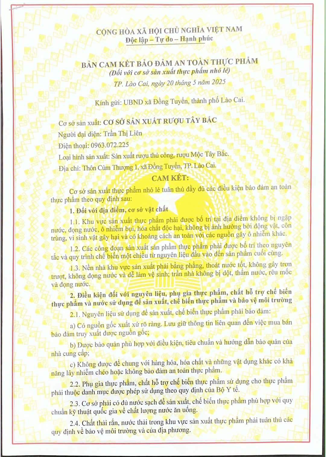 bản cam kết đảm bảo an toàn thực phẩm
