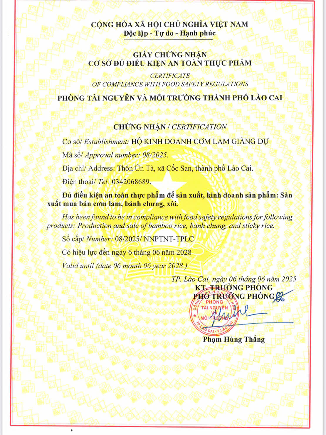 Giấy chứng nhận cơ sở đủ điều kiện an toàn thực phẩm