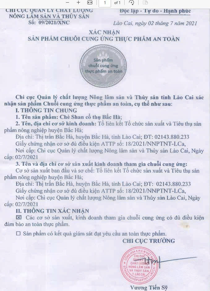 Giấy xác nhận chuỗi cung ứng thực phẩm an toàn