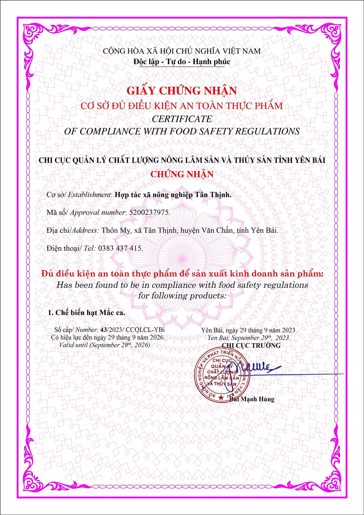 Chứng nhận Cơ sở đủ điều kiện An toàn thực phẩm