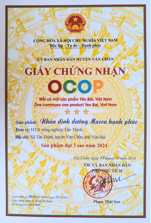 Chứng nhận OCOP 3 sao cho Nhân dinh dưỡng Macca hạnh phúc